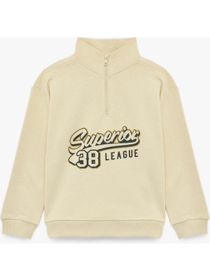 Koton Baskılı Fermuarlı Uzun Kollu Pamuklu Dik Yaka Sweatshirt