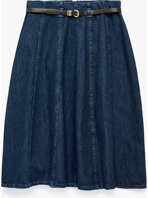 Koton Kemerli Volanlı Normal Bel Rahat Kalıp Pamuklu Denim Midi Etek