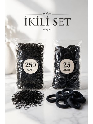 Invictus Design Kadın Siyah 25'li Havlu Lastik Toka ve 250'LI Minik Perma Örgü Toka 2'li Set