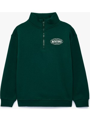 Koton Baskılı Şardonlu Pamuklu Fermuar Detaylı Uzun Kollu Dik Yaka Sweatshirt
