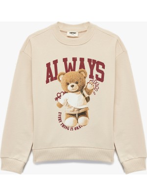 Koton Ayıcık Baskılı Pamuklu Uzun Kollu Bisiklet Yaka Sweatshirt