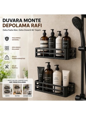 Deyhome Evo 2’li Yapışkanlı Duvar Organizer – Siyah Banyo & Duş Rafı Seti (Şampuanlık & Sabunluk)