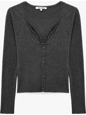 Koton Ikili Katmanlı Dantel Detaylı Slim Fit U Yaka Uzun Kollu Düğmeli Triko Hırka