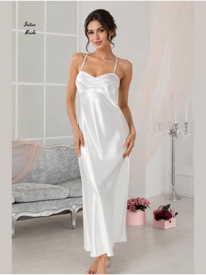 Intive Lingerie Intive Bride Beyaz Saten Uzun Ince Askılı Sırtı Dekolteli Maksi Feminen Gecelik