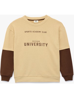 Koton Renk Kontrastlı Bisiklet Yaka Uzun Kollu Baskılı Sweatshirt