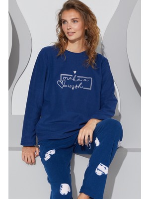 Siyah İnci Lacivert Nakışlı Alt-Üst Polar Pijama Takım 24222028