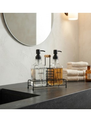 Le Paon Cam Sıvı Sabunluk Seti 500 ml 2'li Mutfak ve Banyo Sabunluk Takımı Stantlı