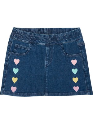 Minycenter Kalp Nakışlı Bel Lastikli Örme Denim Etek 2-3 Yaş-5-6 Yaş Mavi