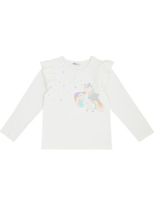 Minycenter Unıcorn Desenli Omuzları Fırfırlı Modal Lycra Tshırt 2-3 Yaş-5-6 Yaş Beyaz