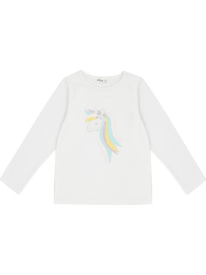 Minycenter Unıcorn Desenli Modal Lycra Tshırt 2-3 Yaş-5-6 Yaş Beyaz