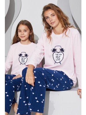 Siyah İnci Pembe Nakışlı Alt-Üst Polar Pijama Takım 24223066