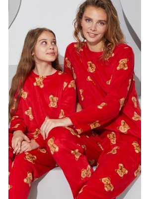 Siyah İnci Kırmızı Alt-Üst Polar Pijama Takım 24223071