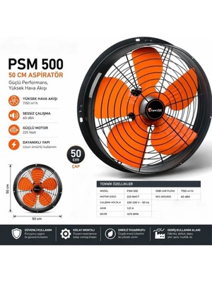 Fanexfan PSM500 Monofaze Sanayi Tipi Aksiyel 50 cm Yuvarlak Gövdeli Havalandırma Aspiratör