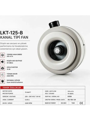Fanexfan LKT-125-B 12 cm Geriye Eğimli Yuvarlak Model Kanal Fanı Fan