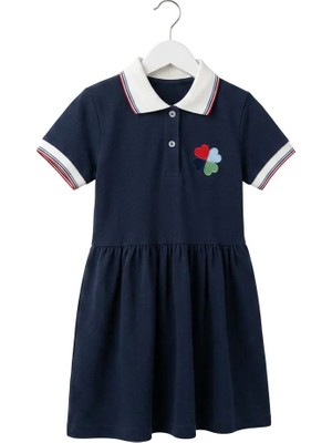 Tace Kids Kız Çocuk Polo Yaka Elbise Lacivert Renk  Nakış Detaylı Pamuklu
