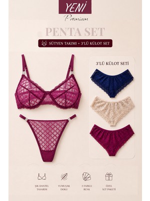 Valunor Penta Set 2 Mesh Mor Sütyen Takım ve Brazilian Dantelli Mor 3’lü Külot Set Fantezi Kadın Iç Çamaşırı Takımı 5’li