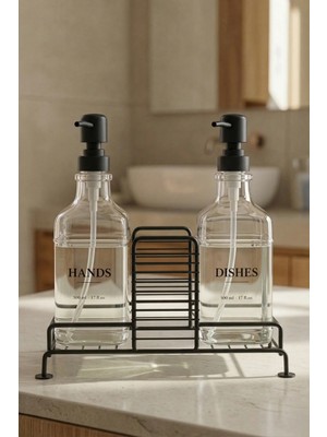 St. Morritz 2’li Metal Standlı Cam Sıvı Sabun ve Losyon Şişesi Sabunluk 500 ml Siyah – D/1 C1-1-289