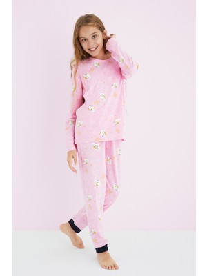 Siyah İnci Kız Çocuk Pembe Renkli Desenli Pamuklu Pijama Takım 24225704