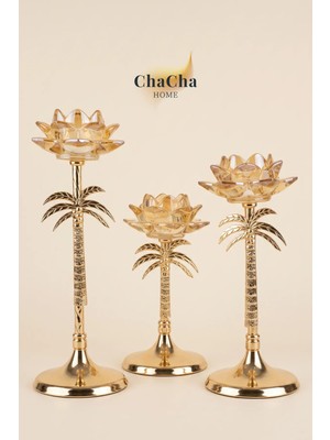 ChaCha Home Palm Oasis 3'lü Kristal Cam Başlıklı Palmiye Form Şamdan - Mumluk Seti – Lüks Dekoratif Mumluk (35+30+25Cm)