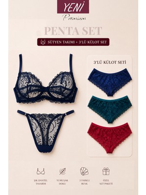 Valunor Penta Set 5 Glam Lacivert Sütyen Takım ve Brazilian Dantelli Külot Fantezi Iç Çamaşırı Takımı 5’li