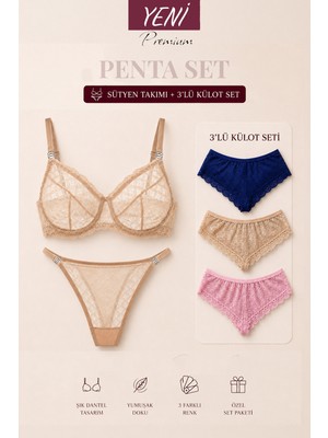 Valunor Penta Set 3 Mesh Bej Krem Ten Rengi Sütyen Takım ve Brazilian Dantelli Ten Rengi 3’lü Külot Set Fantezi Kadın Iç Çamaşırı Takımı 5’li