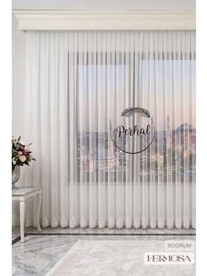 Perhal 1-3 Sık Pile Bambu Zemin Bodrum Model Damask Desenli Alt Etek Işlemeli Kırışmaz Ütü Istemez Kırık Beyaz Tül Perde