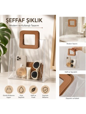Abnturk Şeffaf Hediye Çantası-Kare Saplı Transparan Pvc Çanta-Günlük Düğün Parti Alıışveriş Çantası