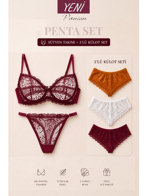 Valunor Penta Set 4 Glam Bordo Sütyen Takım ve Brazilian Dantelli  3’lü Külot Fantezi Iç Çamaşırı Takımı 5’li