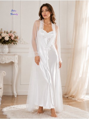 Intive Lingerie Intive Rebecca Ekru Renk Tül Uzun Sabahlıklı Saten Gecelikli Feminen 2'li Gecelik