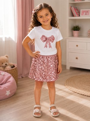 Bulut Anne ve Çocuk Kız Çocuk Penye Şort Etekli T-Shirt Takım Önü Kurdele Payetli ve Eteği Ful Payetli Cepsiz Şort Etek Şık