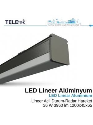 Teletek Siyah Kasa Acil Durum ve Radar Hareket Sensörlü Lineer 36W LED Armatür, Modern LED Sarkıt Aydınlatma