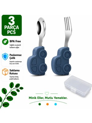 Lacivert Premium Çocuk Bpa Free Silikon Saplı Paslanmaz Çelik Uçlu Çatal-Kaşık, (9+ Ay)