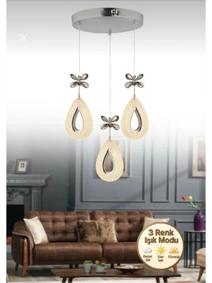 Rain Model 3'lü Gümüş 3 Renk Modu Ledli Kristal Taşlı Modern Salon Mutfak Oturma Odası LED Avize