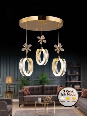 Mimoza Model 3'lü Gold 3 Renk Modu Ledli Kristal Taşlı Modern Salon Mutfak Oturma Odası LED Avize