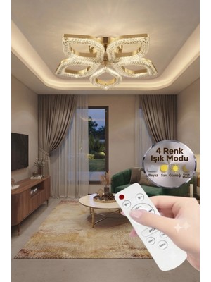 Yaprak Model Gold 5"li Ledli 3 Renk Modu Kristal Salon Mutfak Yatak Çocuk Odası Avize