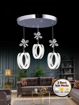 Mimoza Model 3'lü Gümüş 3 Renk Modu Ledli Kristal Taşlı Modern Salon Mutfak Oturma Odası LED Avize