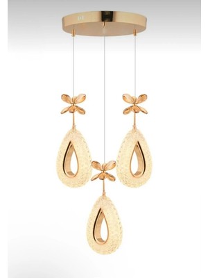 Rain Model 3'lü Gold 3 Renk Modu Ledli Kristal Taşlı Modern Salon Mutfak Oturma Odası LED Avize