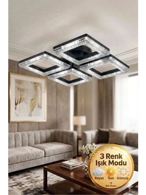 Aria Model Siyah 4"lü Ledli 3 Renk Modu Kristal Salon Mutfak Yatak Çocuk Odası Avize