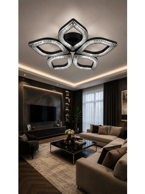 Yaprak Model Siyah 5"li Ledli 3 Renk Modu Kristal Salon Mutfak Yatak Çocuk Odası Avize