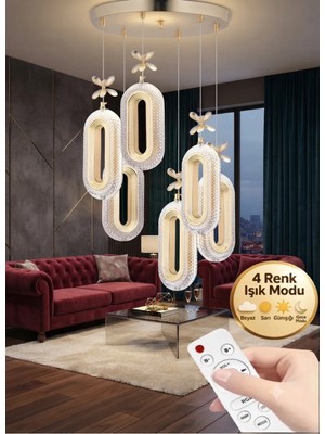 Spica Model 6'lı Gold 3 Renk Modu Ledli Kristal Taşlı Modern Salon Mutfak Oturma Odası LED Avize