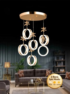 Mimoza Model 6'lı Gold 3 Renk Modu Ledli Kristal Taşlı Modern Salon Mutfak Oturma Odası LED Avize