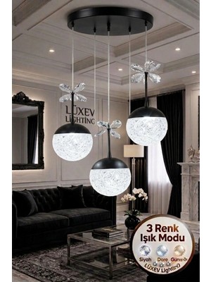 Polaris Model 3"lü Siyah 3 Renk Modu Ledli Kristal Taşlı Modern Salon Mutfak Oturma Odası LED Avize