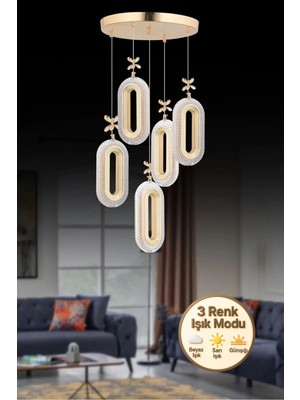 Spica Model 5'li Gold 3 Renk Ledli Kristal Taşlı Modern Salon Mutfak Oturma Odası LED Avize