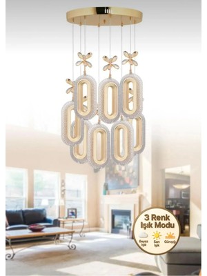 Spica Model 8'li Gold 3 Renk Modu Ledli Kristal Taşlı Modern Salon Mutfak Oturma Odası LED Avize