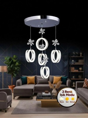 Mimoza Model 5'li Gümüş 3 Renk Modu Ledli Kristal Taşlı Modern Salon Mutfak Oturma Odası LED Avize