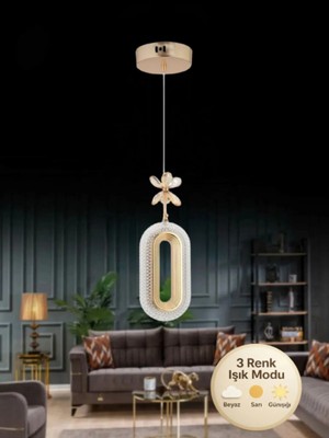 Spica Tekli Gold Ledli Kristal Taşlı LED Avize 3 Renk Modu Oturma Odası Yatak Odası LED Avize