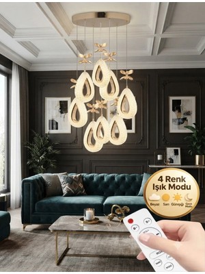 Rain Model 8'li Gold 3 Renk Modu Kristal Taşlı Modern Salon Mutfak Oturma Çocuk Odası LED Avize