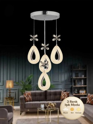 Rain Model 4'lü Gümüş 3 Renk Modu Ledli Kristal Taşlı Modern Salon Mutfak Oturma Odası LED Avize