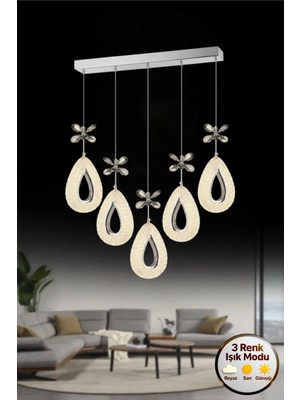Rain Model 5"li Gümüş 3 Renk Modu Yemek Masası Oturma Çocuk Yatak Odası Modern Ledli Avize