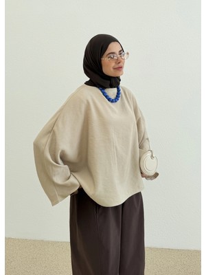 Moda Aksa Oversize Dökümlü Yarasa Kol Bluz Sütlü